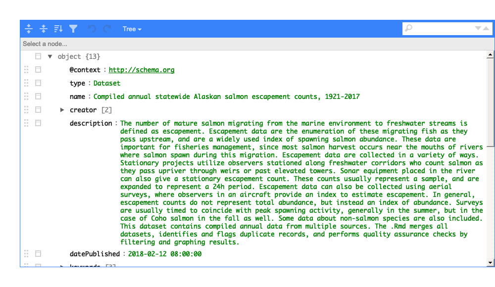 listviewer pack output showing an example dataspice JSONfile