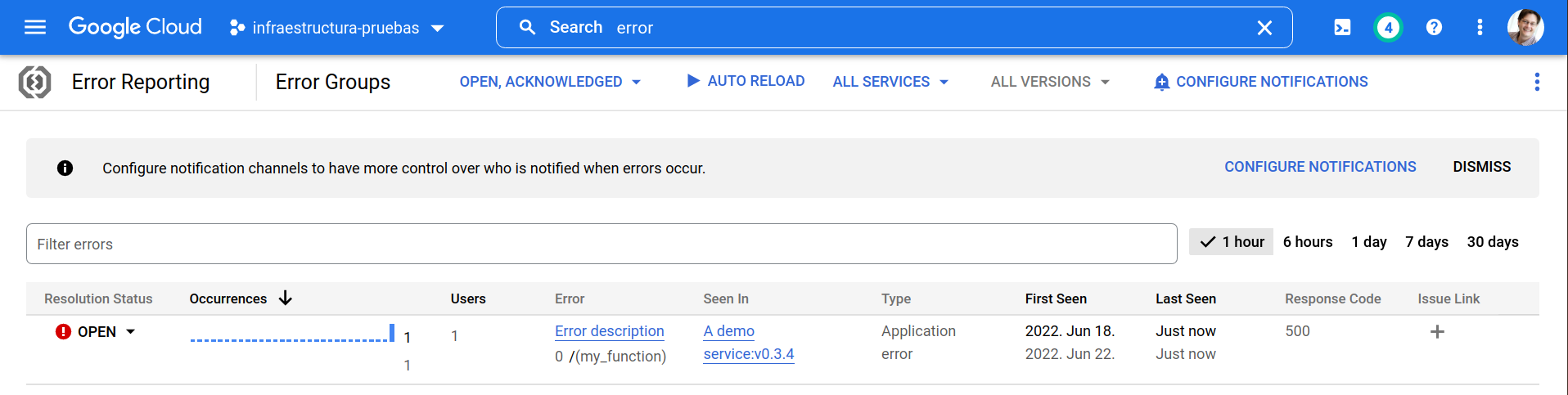 Screenshot of the message as listed in the Google Error ReportingUI