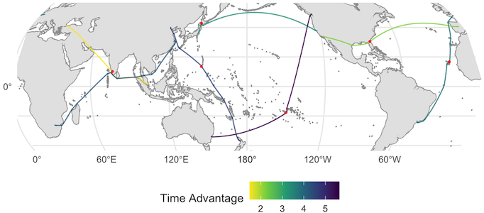 Example routes, with refuelling points