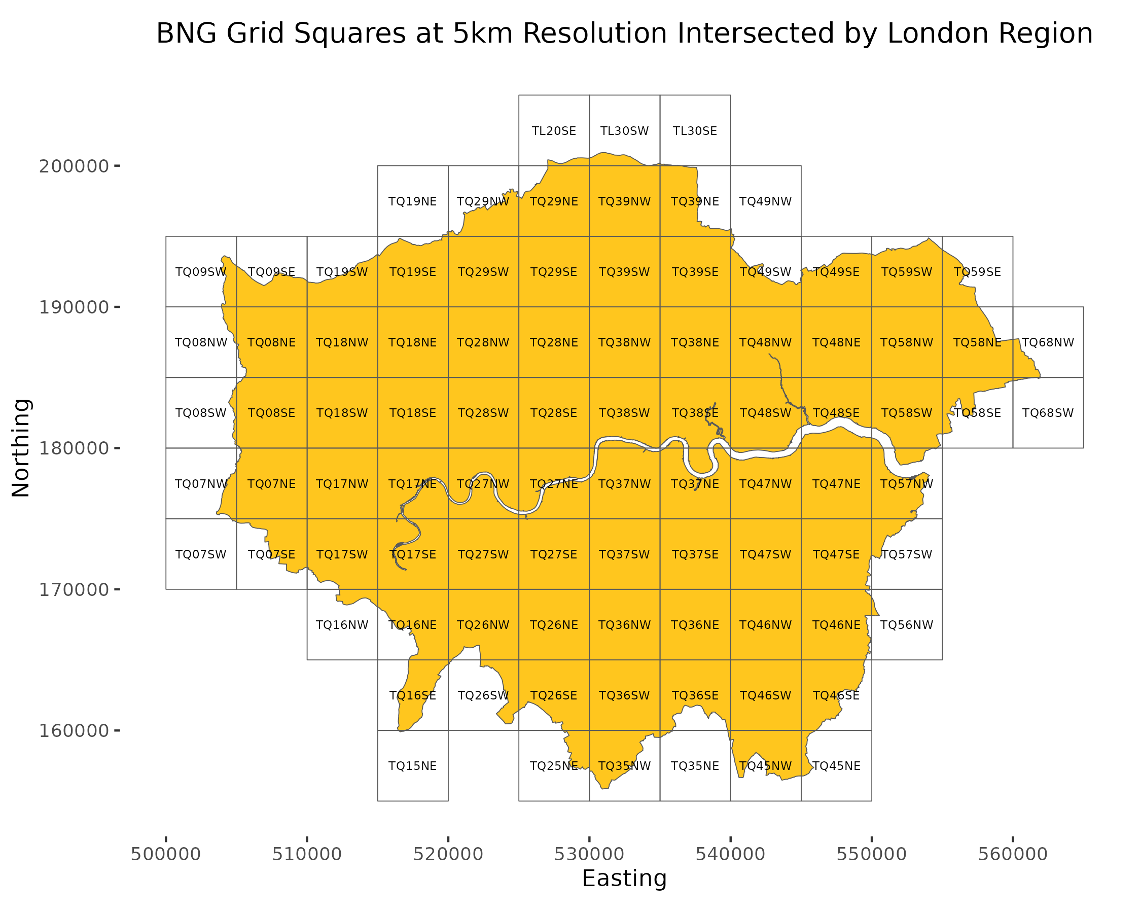 BNG Grid Squares at 5km Resolution Intersected by LondonRegion