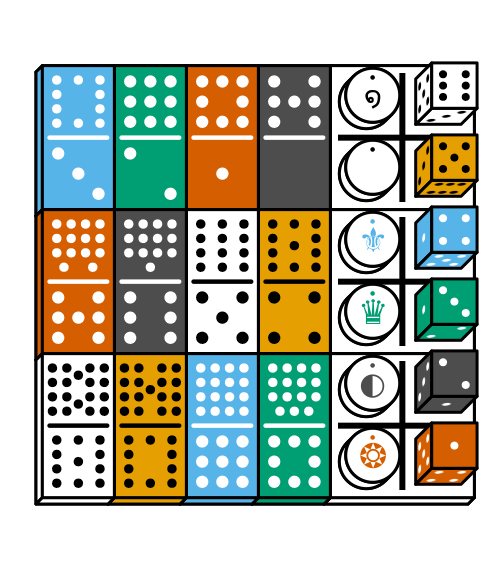 Double-18 dominoes and standard dice in a variety ofcolors