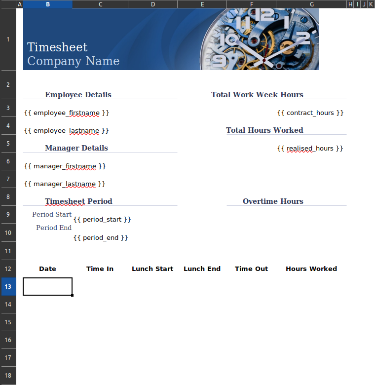 Screenshot of a template for the timesheetexample